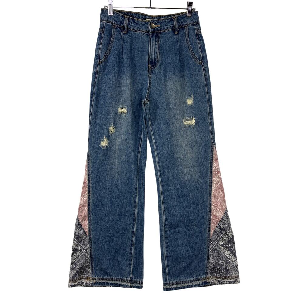Easel Size S Bellbottom Jeans Flare Leg Patchwork Detail Hippie Boho Distressed